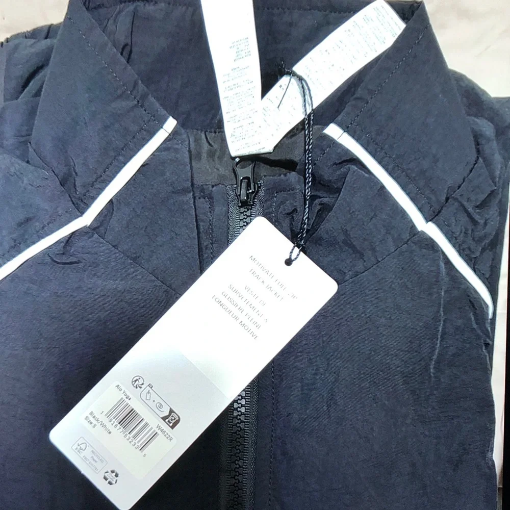 ALO Yoga Black Active Jacket and Shorts Set with White Piping